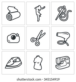 Vector Set of Sewing Studio Icons. Matter, Model, Needle and Thread, Camera, Scissors, Hair Dryer, Iron, Mannequin, Equipment. Cloth, Woman, Sewing, Photography, Sawing, Drying, Ironing, Exhibition.