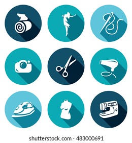 Vector Set of Sewing Studio Icons. Matter, Model, Needle and Thread, Camera, Scissors, Hair Dryer, Iron, Mannequin, Equipment.