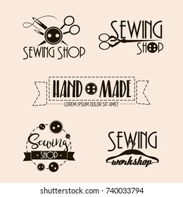 Vector set of sewing and tailor shops labels with sewing machine, thimble, scissors, needle. Vector illustration