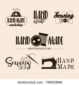 Vector set of sewing and tailor shops labels with sewing machine, thimble, scissors, needle. Vector illustration