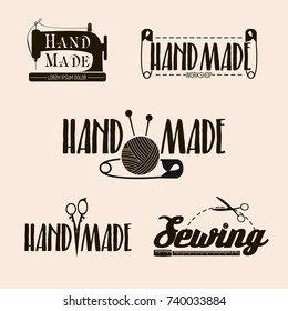Vector set of sewing and tailor shops labels with sewing machine, thimble, scissors, needle. Vector illustration