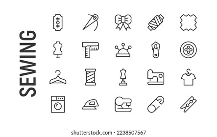 Vector set of sewing thin line icons. Design of 20 stroke pictograms. Signs of sewing isolated on a white background.