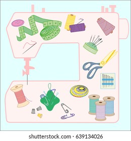 vector set of sewing tools: button, needles, centimeter, bobbins of thread, pincushions, scissors, pins, thimbles, sewing machine