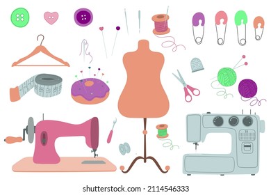 Vector set of sewing tools on white background. Sewing machine, thread, needles, scissors, mannequin. Sewing kit. For print, web design.