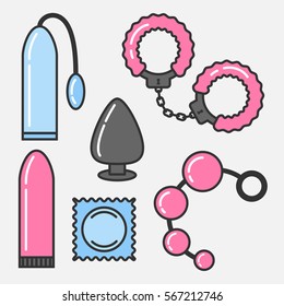 Vector set of sex toys in the linear flat style. Sex shop.
