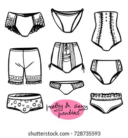 Vector set of sexy and pretty panties, contour pictures on a white background.