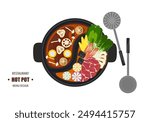 Vector set of Shabu food, Hot Pot, various spices. Tom Yum soup and vegetables cooked in a hot pot With kitchen utensils. Top view. Isolated on white background. For elements in designing food menus.