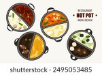 Vector set of Shabu food, Hot Pot, and various spices. Hot soup and boiled vegetables in a hot pot, top view Kitchen utensils isolated on white background For elements in restaurant menu design