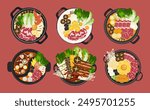 Vector set of shabu food, hot pot, and various spices. Hot soup and boiled vegetables in a hot pot, top view, kitchen utensils. Cooking. Isolated in the background. For elements in a restaurant menu. 