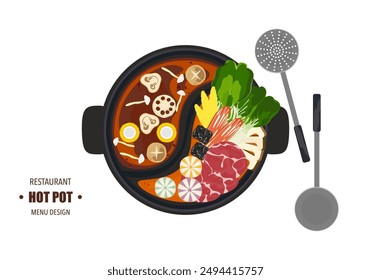 Vector set of Shabu food, Hot Pot, various spices. Tom Yum soup and vegetables cooked in a hot pot With kitchen utensils. Top view. Isolated on white background. For elements in designing food menus.