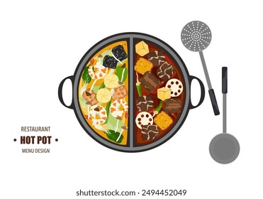 Vector set of Shabu food, Hot Pot, various spices. Tom Yum soup and vegetables cooked in a hot pot With kitchen utensils. Top view. Isolated on white background. For elements in designing food menus.