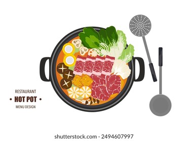 Vector set of Shabu food, Hot Pot, various spices. Tom Yum soup and vegetables cooked in a hot pot With kitchen utensils. Top view. Isolated on white background. For elements in designing food menus.