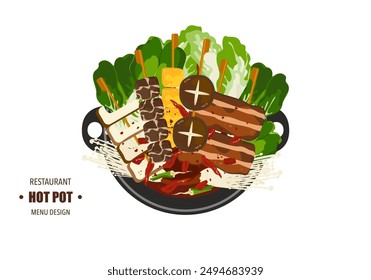 Vector set of Shabu food, Hot Pot, and various spices. Mala soup and vegetables boiled in a spicy hot pot. Top view. Isolated on a white background. For elements in designing restaurant menus
