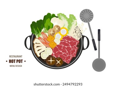 Vector set of Shabu food, Hot Pot, and various spices. Hot soup and boiled vegetables in a hot pot, top view Kitchen utensils isolated on white background For elements in restaurant menu design