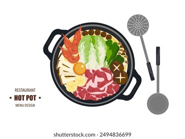 Vector set of Shabu food, Hot Pot, and various spices. Hot soup and boiled vegetables in a hot pot, top view Kitchen utensils isolated on white background For elements in restaurant menu design