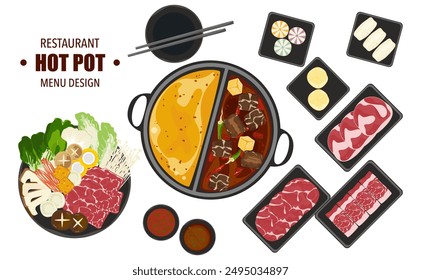 Vector set of Shabu food, Hot Pot, and various spices. Hot soup and boiled vegetables in a hot pot, top view Kitchen utensils isolated on white background For elements in restaurant menu design