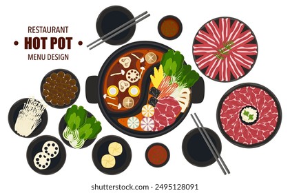 Juego de Vector de comida Shabu, Hot Pot, y varias especias. Sopa caliente y verduras hervidas en una olla caliente, vista superior Utensilios de cocina aislados sobre fondo blanco Para Elementos en diseño de menú de restaurante