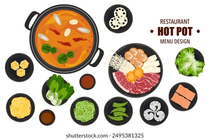 Vector set of Shabu food, Hot Pot, and various spices. Hot soup and boiled vegetables in a hot pot, top view Kitchen utensils isolated on white background For elements in restaurant menu design.