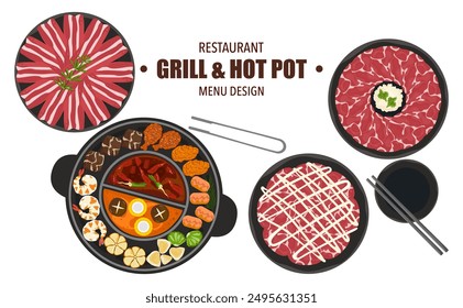 Vector set of shabu food, hot pot, and various spices. Hot soup and boiled vegetables in a hot pot, top view, kitchen utensils. Cooking. Isolated in the background. For elements in a restaurant menu.