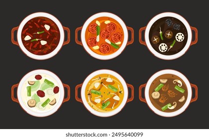 Conjunto de Vector de comida shabu, olla caliente y varias especias. Sopa caliente y verduras hervidas en una olla caliente, vista superior, utensilios de cocina. Cocinando. Aislado en el fondo. Para Elementos en un menú de restaurante. 