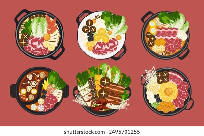 Vector set of shabu food, hot pot, and various spices. Hot soup and boiled vegetables in a hot pot, top view, kitchen utensils. Cooking. Isolated in the background. For elements in a restaurant menu. 