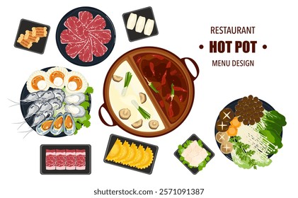 Vector set of Shabu food, Hot Pot, and various spices. Hot soup and boiled vegetables in a hot pot, top view Kitchen utensils isolated on white background For elements in restaurant menu design.