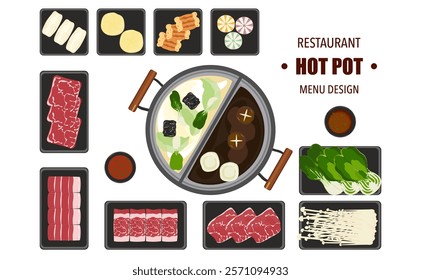 Vector set of Shabu food, Hot Pot, and various spices. Hot soup and boiled vegetables in a hot pot, top view Kitchen utensils isolated on white background For elements in restaurant menu design.