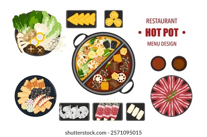 Vector set of Shabu food, Hot Pot, and various spices. Hot soup and boiled vegetables in a hot pot, top view Kitchen utensils isolated on white background For elements in restaurant menu design.