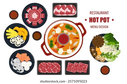 Vector set of Shabu food, Hot Pot, and various spices. Hot soup and boiled vegetables in a hot pot, top view Kitchen utensils isolated on white background For elements in restaurant menu design.