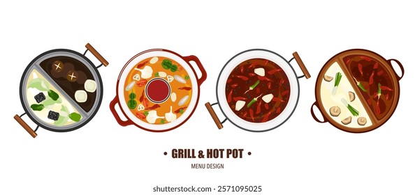 Vector set of shabu food, hot pot, and various spices. Hot soup and boiled vegetables in a hot pot, top view, kitchen utensils. Cooking. Isolated in the background. For elements in a restaurant menu.