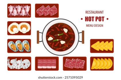 Vector set of Shabu food, Hot Pot, and various spices. Hot soup and boiled vegetables in a hot pot, top view Kitchen utensils isolated on white background For elements in restaurant menu design.