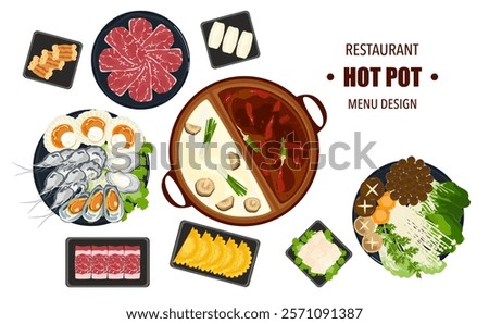 Vector set of Shabu food, Hot Pot, and various spices. Hot soup and boiled vegetables in a hot pot, top view Kitchen utensils isolated on white background For elements in restaurant menu design.