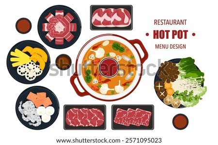 Vector set of Shabu food, Hot Pot, and various spices. Hot soup and boiled vegetables in a hot pot, top view Kitchen utensils isolated on white background For elements in restaurant menu design.
