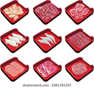 conjunto vectorial de Shabu menu.carne de cerdo, carne de res, pollo, ilustración de ingrediente de mariscos.
shabu, sukiyaki, moo kra ta.