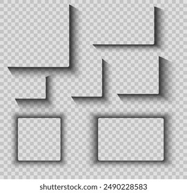 Vector set of shadow effects. Collection of square translucent shadows isolated from background. Shadow from paper, frames and cards