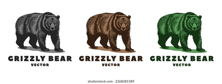 Vector set of shaggy monochrome grizzly bears on a white isolated background. Logo, icon or emblem. Forest wild animal.