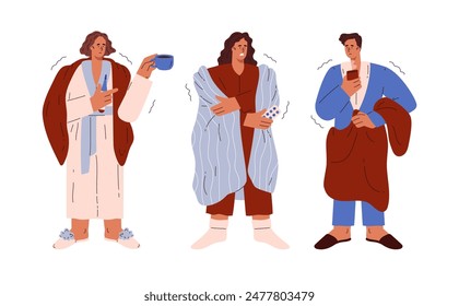 Vector conjunto de personajes sacudiendo en mantas con té, termómetros y mandos a distancia. Ilustración que representa a personas que se quedan en casa con signos de resfriado. Ilustración plana sobre fondo aislado.