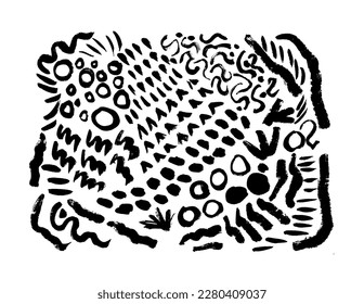  vector set  shapes, curved lines and dots  in style Memphis  Grunge swirled brush stroke, curly and straight lines.  Geometric collection, hand drawn straight brush strokes, triangles, circles.