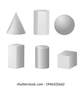 Vector set of shapes with isolated three-dimensional geometric objects: ball, cube, cylinder, cone, prism
