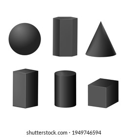 Vector set of shapes with isolated three-dimensional geometric objects: ball, cube, cylinder, cone, prism