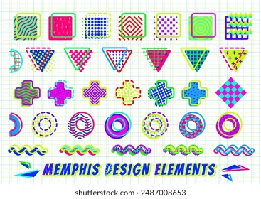 Vector set shapes in the Memphis Milano aesthetic. Contemporary layered geometric elements in vibrant colors, squiggles, diamonds, stars, triangles, arc.