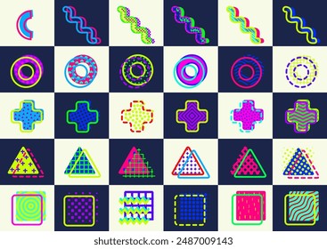 Vector set shapes in the Memphis Milano aesthetic. Contemporary layered geometric elements in vibrant colors, squiggles, diamonds, stars, triangles, arc.