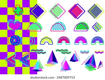 Vector set shapes in the Memphis Milano aesthetic. Contemporary layered geometric elements in vibrant colors, squiggles, diamonds, stars, triangles, arcs, pyramid
