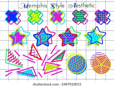 Vector set shapes in the Memphis Milano aesthetic. Contemporary layered geometric elements in vibrant colors, squiggles, diamonds, stars, triangles, arc.