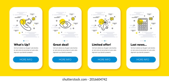 Vector set of Share call, Health eye and Fireworks line icons set. UI phone app screens with line icons. Calculator icon. Phone support, Optometry, Pyrotechnic salute. Accounting device. Vector