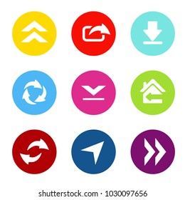 Vector set of shared arrows with circle button. Communication icons of download, upload, share for mobile, smartphone. 
