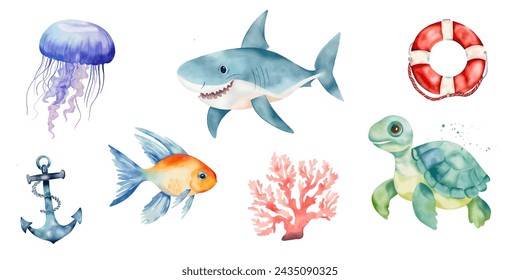 Vektor-Set aus Hai, Fisch, Schildkröte, Anker, Koralle, Qualle und Rettungsboje. Aquarell Sommerset. Illustrationen für Kinder