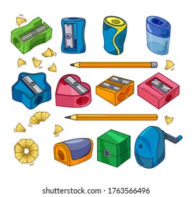 Vector set of sharpeners, pencils and shavings on a white isolated background.