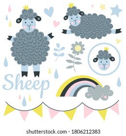 Conjunto vectores de ovejas, arcos de lluvia, estrellas, corazones, flores, gotas de lluvia, banderas de vacaciones. Para el diseño de fiestas infantiles.
