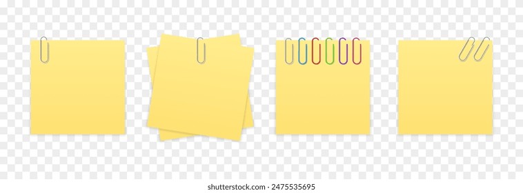 Vector set of sheets of paper with paper clips png. Yellow note paper png.